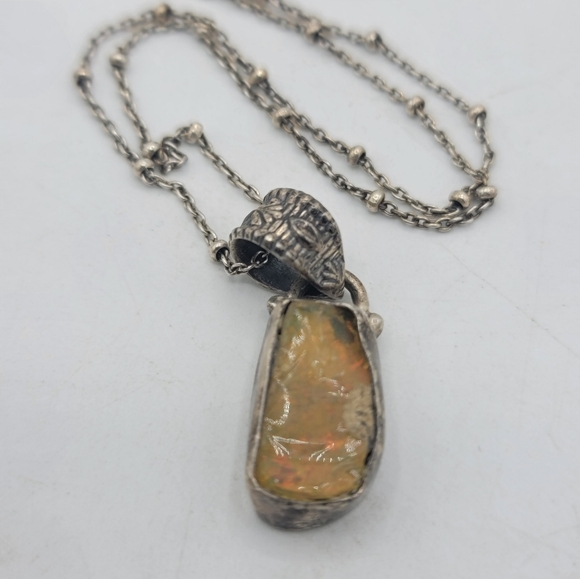 Artisan Jewelry - Sterling Silver Opal Pendant Necklace Artisan Leaf Bail Italy Chain 925 Vintage